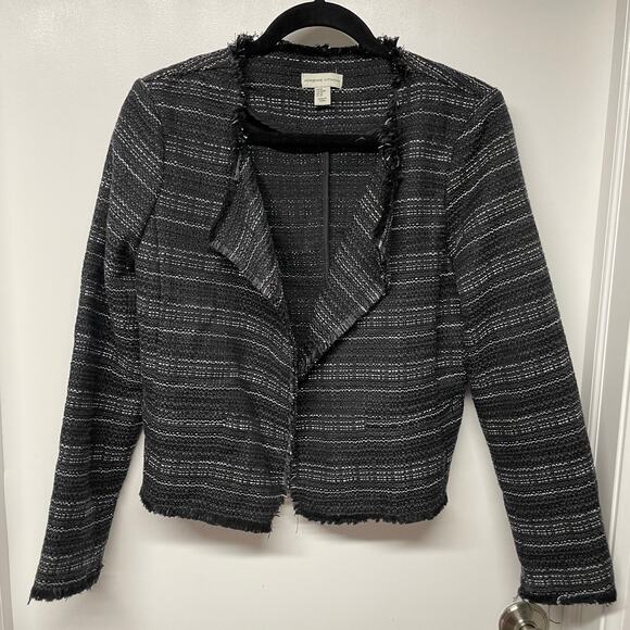Adrienne Vittadini Black Tweed Fringe Open Front Jacket Womens Size Medium - Picture 1 of 8